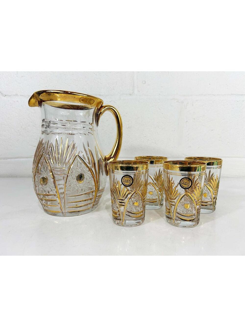 Vintage Gold Cut Glass Pitcher Juice Golden Glasses Set of 5 Serving 1980s